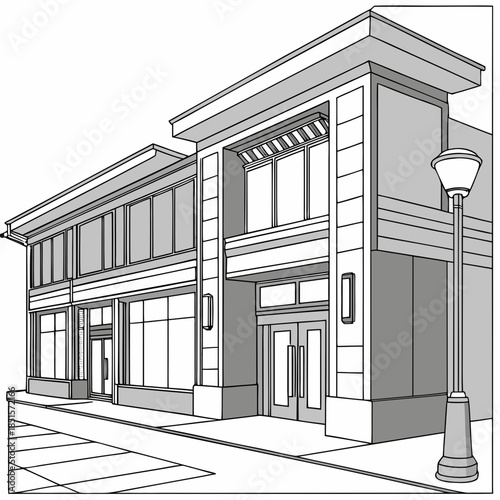 Modern Building Exterior with Streetlight Line Art.