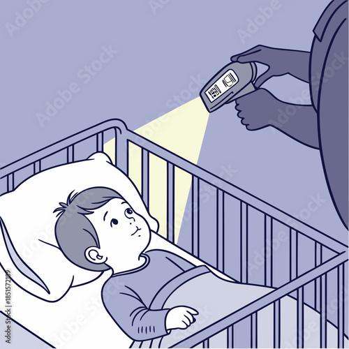 Parent checking babys temperature with a noncontact thermometer in a crib.