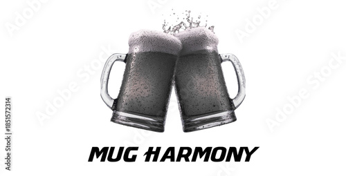 Beer Mugs Clash Of Cheers Line Art Illustration With Splashing Foam Design