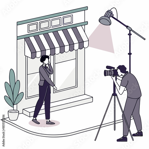 Professional Videographer Filming a Woman in Front of a Storefront with Studio Lighting.