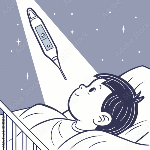 Sick child in bed looking at a thermometer in the sky.