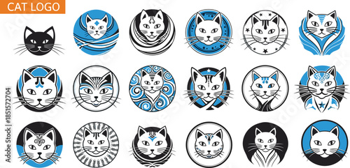 Cat logo vector collection, modern minimalist feline face emblems in blue and black style for branding, business identity, app icons, mascots, web design