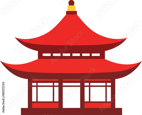 Vibrant red Chinese New Year pagoda illustration during lunar celebrations on a white background from a frontal viewpoint