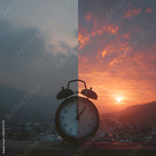 A retro alarm clock floats among white clouds in a bright morning sky above a calm beach, representing a deadline concept where time and business meet the hour of a new day