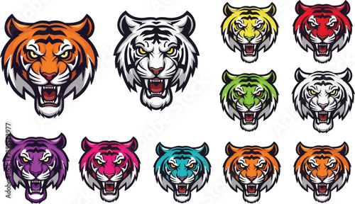 Colorful tiger head mascot vector set, fierce roaring wild animal faces in multiple colors for esports, logo, gaming team, branding, apparel design