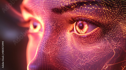 Close-up of a meta creator mid-thought, quantum logic patterns flashing across the pupils 