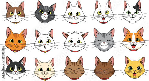 Cute cat emoji faces vector set, colorful cartoon feline expressions and moods for stickers, messaging apps, social media, chat icons, kids design