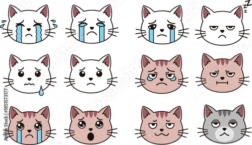 Cute cat emoji faces vector set, sad crying sleepy cartoon kitten expressions for messaging apps, stickers, social media, chat icons, kawaii style