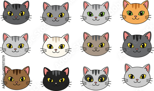 Cute cat face emoji vector set, colorful cartoon feline heads in different fur colors for stickers, messaging apps, games, icons, kids illustrations