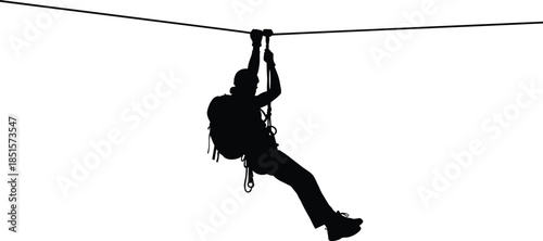 Zipline adventure silhouette, extreme sport person sliding on rope with safety harness, black vector illustration for travel, outdoor and action design