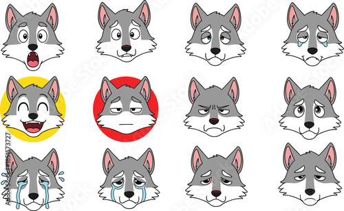Cute wolf emoji faces vector set, cartoon canine facial expressions showing happy sad angry emotions for stickers, messaging apps, social media, icons, kids design