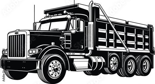 Dump truck vector, construction vehicle illustration, heavy machinery side view, black and white sketch, transport equipment, industrial design, technical drawing