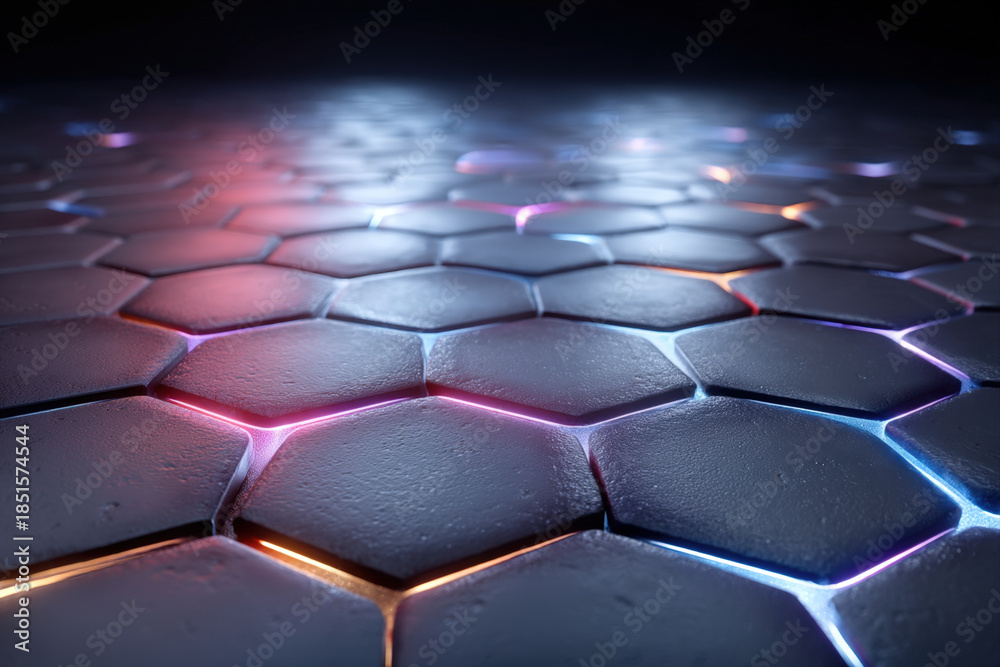 Fototapeta premium Glowing hexagon tile surface forming vibrant honeycomb grid, seamless geometric pattern