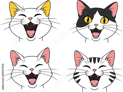 Happy laughing cat face vector set, cute cartoon feline expressions with open mouth smiles for emojis, stickers, messaging apps, games, kids illustrations