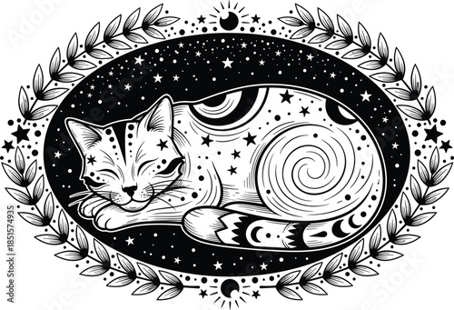 Mystical celestial cat illustration vector, sleeping feline with stars moon and cosmic symbols, black and white engraving style artwork for tattoo, logo, decor