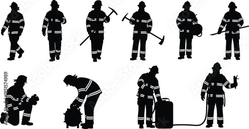 Firefighter silhouette set showing emergency rescue actions, fire safety equipment use, professional fireman poses, black vector illustration isolated on white background