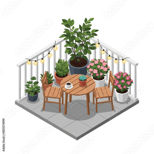 A cartoon-style illustration of a cozy balcony patio with a wooden table and chairs surrounded by potted plants and string lights on a white railing with a cute dragon figurine on the table