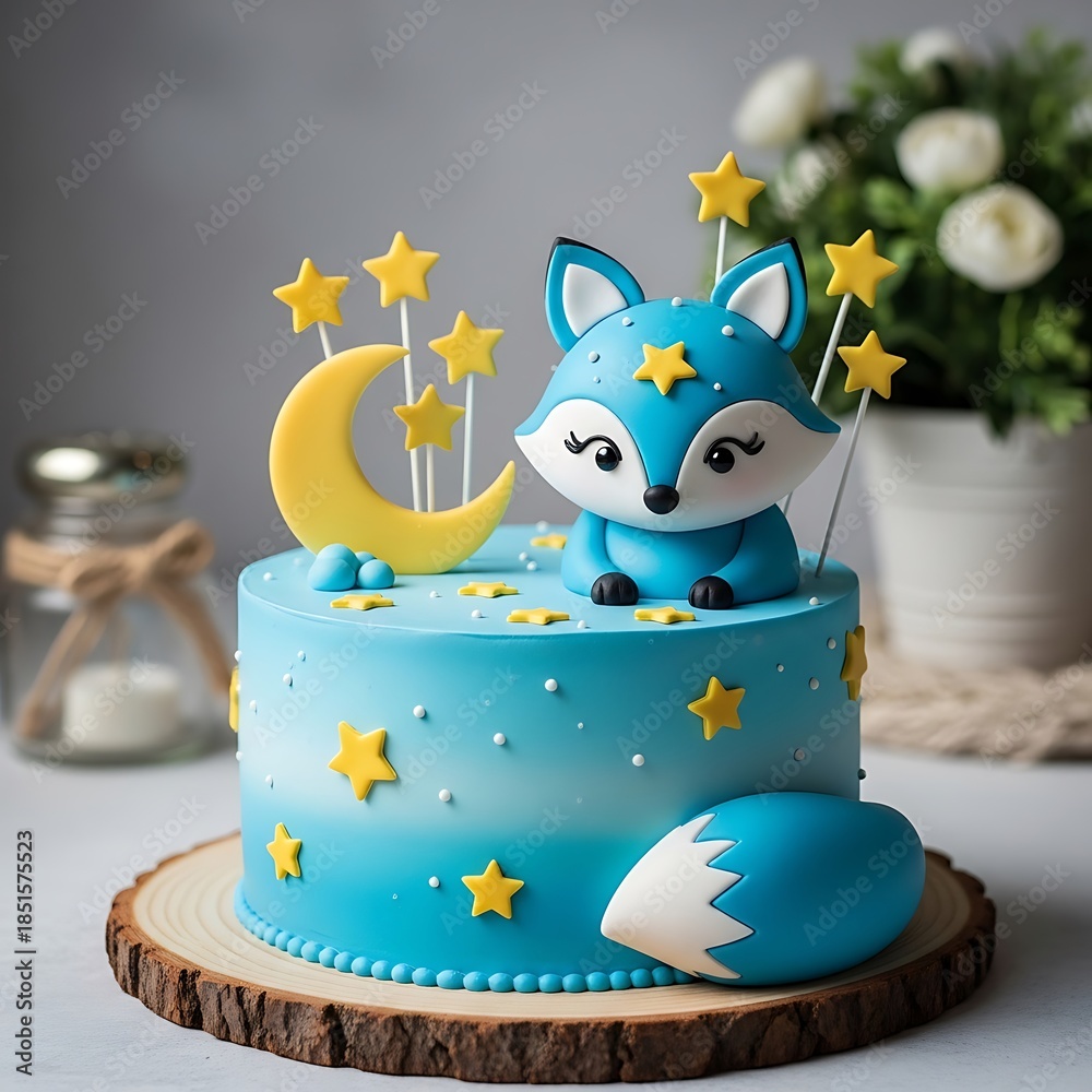 Obraz premium Adorable Blue Fox and Starry Moon Cake on Rustic Wood Slice for Whimsical Celebration.