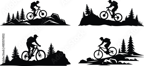 Urban Cyclist Silhouette Vector – E-Bike, City Skyline, Commuter, Sustainable Transport, Flat Design