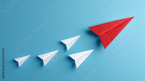 Free Download Five paper planes, including four white and one red, are aligned in a straight line on a flat blue surface, - GFXLoad