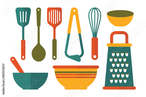 A collection of kitchen utensils and bowls is neatly arranged on a white background.
