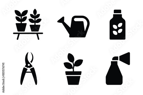 A collection of gardening tools and potted plants is depicted in this illustration.