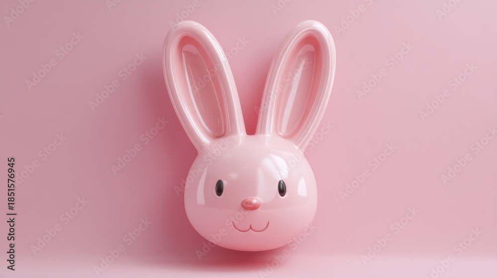 Obraz premium A stylized rabbit face with large oval ears, simple dot eyes, and a small smile line on a smooth pink background,