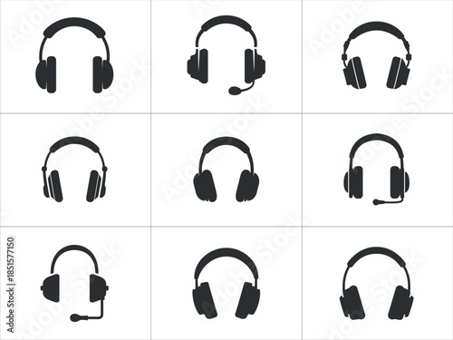 Set of Nine Black Headphone Icons in Flat Design Style, EPS Vector Illustration