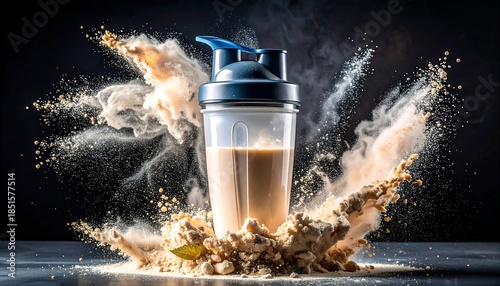 Plastic protein shaker bottle with chocolate powder explosion and splash, gym workout nutrition and bodybuilding concept
