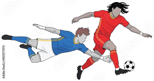 Dynamic Soccer Action Dribbling Player and Opponent Making a Sliding Tackle