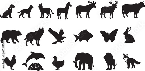 Black silhouettes of various animals on a white background