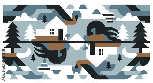 Serene Winter Lakeside Reflection Modern Graphic Art Design