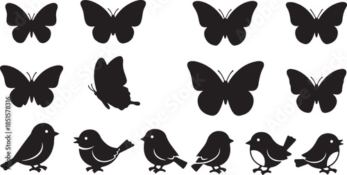 Black silhouettes of butterflies and birds on a white background