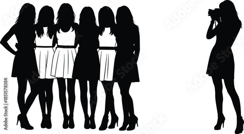 Women group silhouette, photo pose vector, camera moment illustration, fashion dress scene, social interaction, black design, memory capture concept