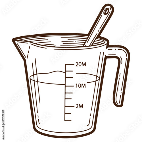 Illustrated measuring cup with spoon kitchen utensil cooking tool measurement markings culinary essentials recipe preparation mixing ingredients transparent background