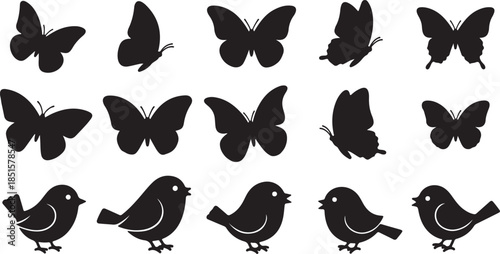 Collection of black silhouette illustrations of butterflies and birds