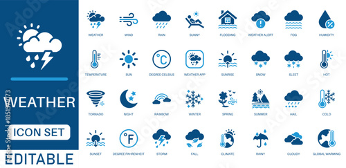 Weather icon set. featuring sun, rain, wind, storm, temperature, seasons, climate, alerts, winter, forecasts, snow, cloud, humidity and more icons. perfect vector icon collection.