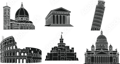 Famous world landmark silhouettes vector set featuring European historical architecture, iconic monuments, travel destinations, black detailed illustration collection