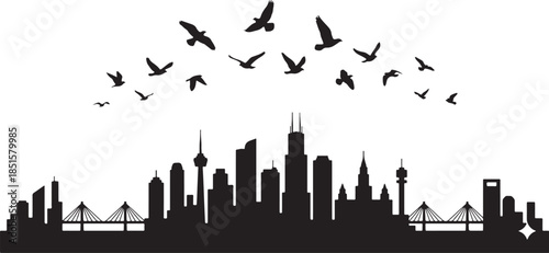 black silhouette of skyline with birds on white background, vector.