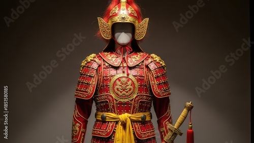 Intricate Red and Gold Ancient Warrior Armor Displayed on a Mannequin.