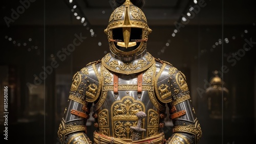 Intricate Golden Armor Displayed in a Museum Exhibit.