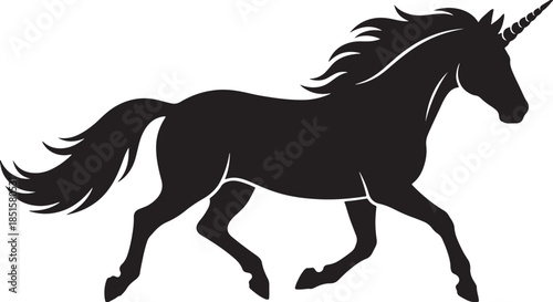 black silhouette of unicorn on white background, vector.