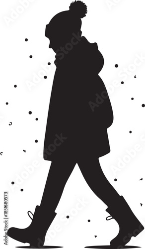 A black and white icon of a person in a winter coat and hat walking through falling snowflakes on a cold day