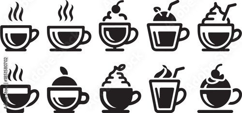 A collection of hot chocolate mug silhouette icon set. simple design black color and white background