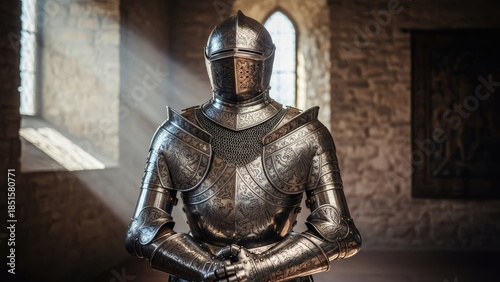 Medieval Knight Armor Standing in a Historic Castle Interior with Sunlight.