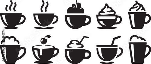A collection of hot chocolate mug silhouette icon set. simple design black color and white background