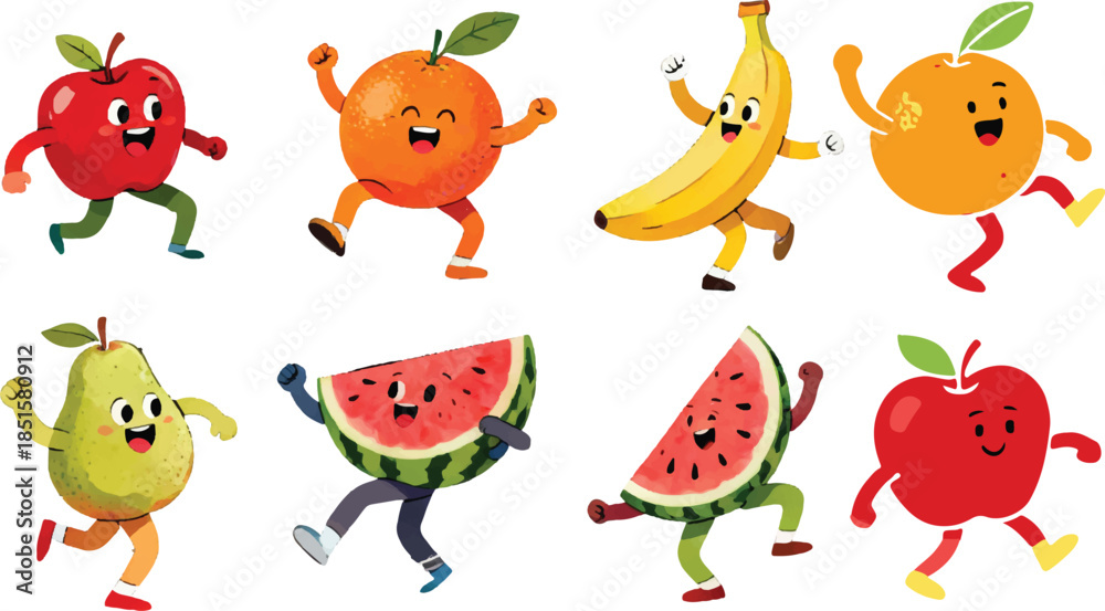Obraz premium Set of Cute Happy Anthropomorphic Fruit Cartoon Characters Running and Cheering Illustration