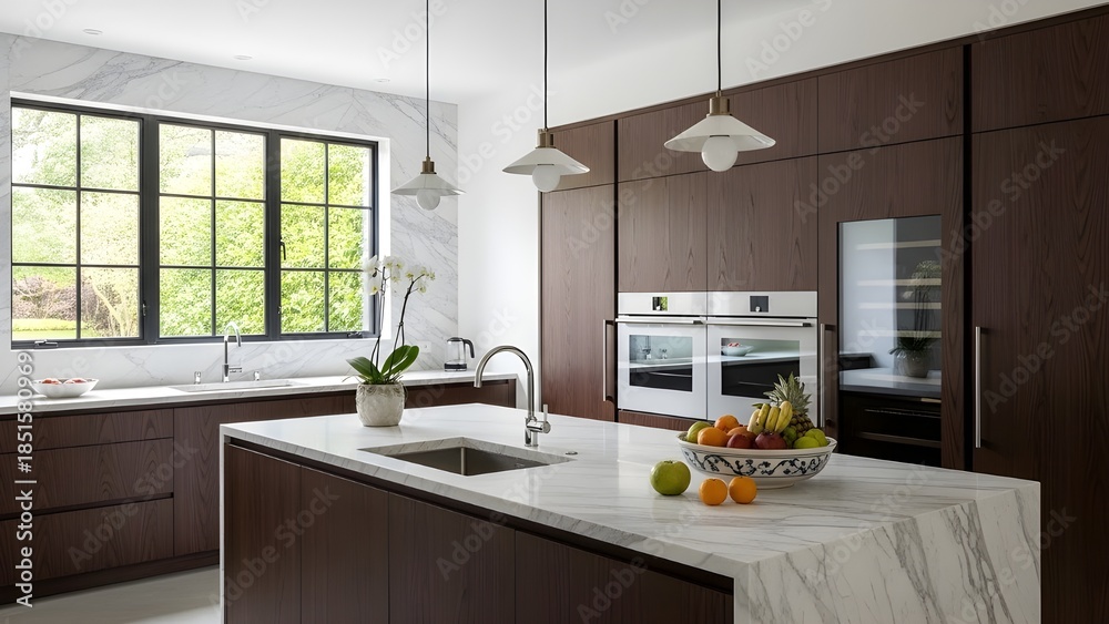 Fototapeta premium Contemporary kitchen featuring brown cabinetry, marble countertop, and modern appliances