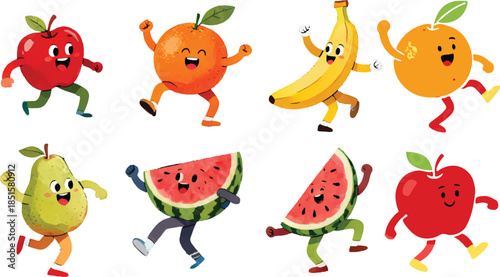 Set of Cute Happy Anthropomorphic Fruit Cartoon Characters Running and Cheering Illustration