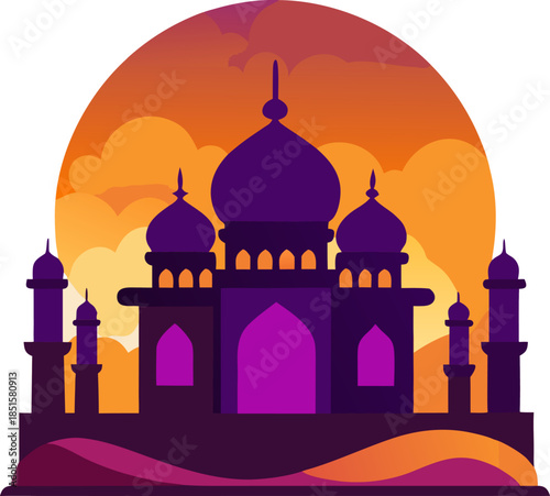 Flat vector illustration of a mosque silhouette with a beautiful purple and orange sunset sky, white background.